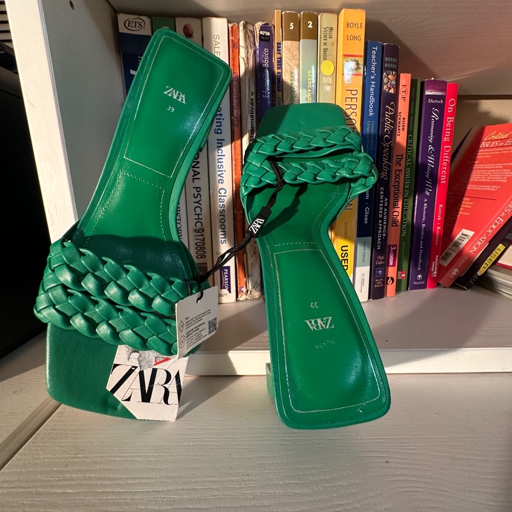 Zara # 9 Emerald Braided Square-Toe Slide Sandals
